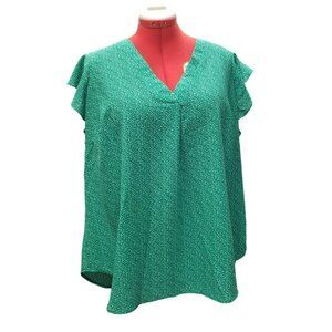 Adrianna Papell Ruffle Sleeve Blouse, Women's 1X, Green & White